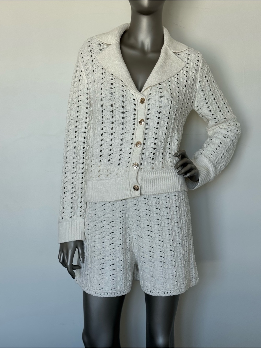 Ramy Brook Cream Open-Knit Button Cardigan & Shorts Set